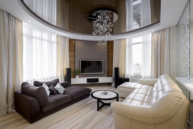 двухуровневый натяжной потолок в гостиной